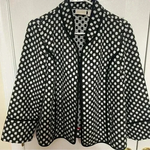 Chicos Polka Dot Plush Jacket Open Front Pockets Black White Collared - Picture 8 of 14